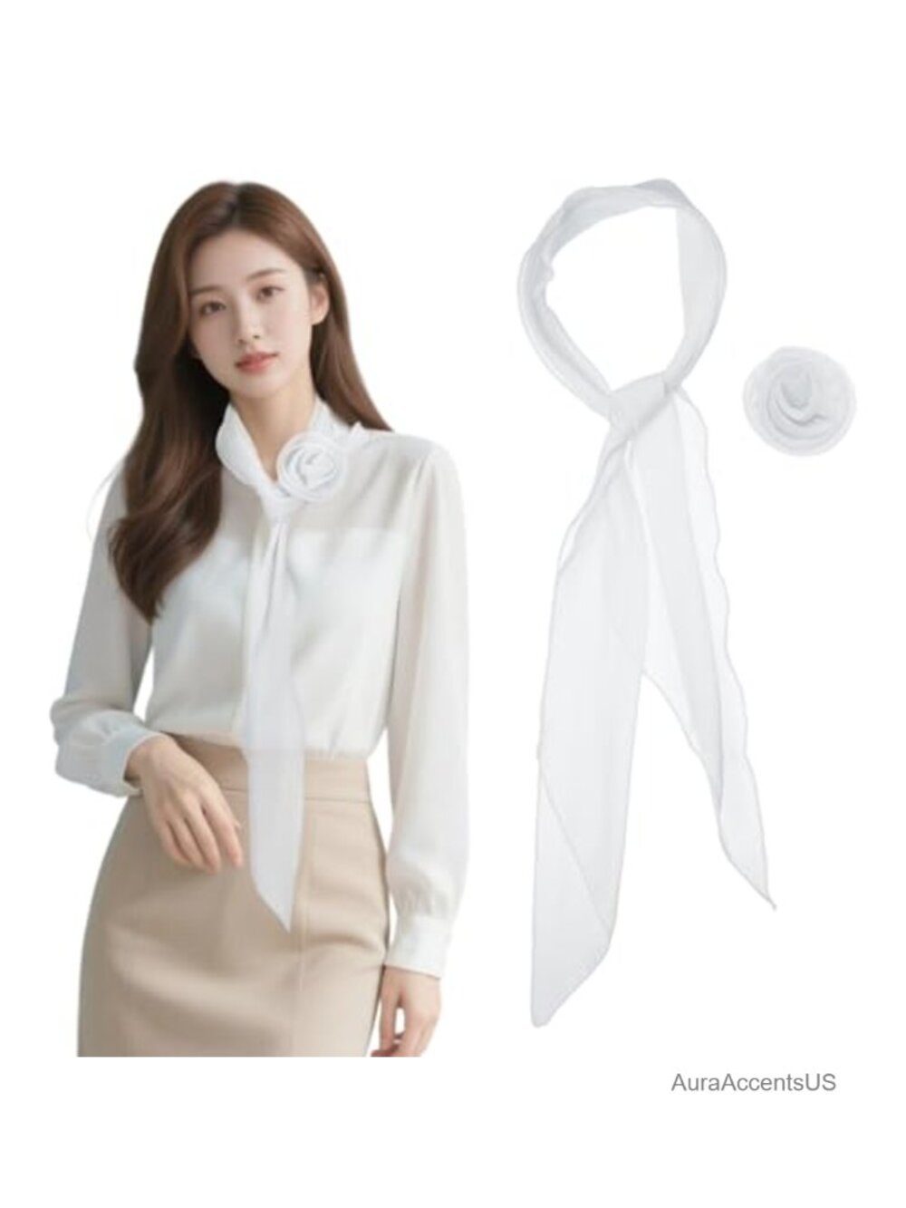 Chiffon Scarf for Women, Long Skinny Neckerchief with Detachable Rose Flower,